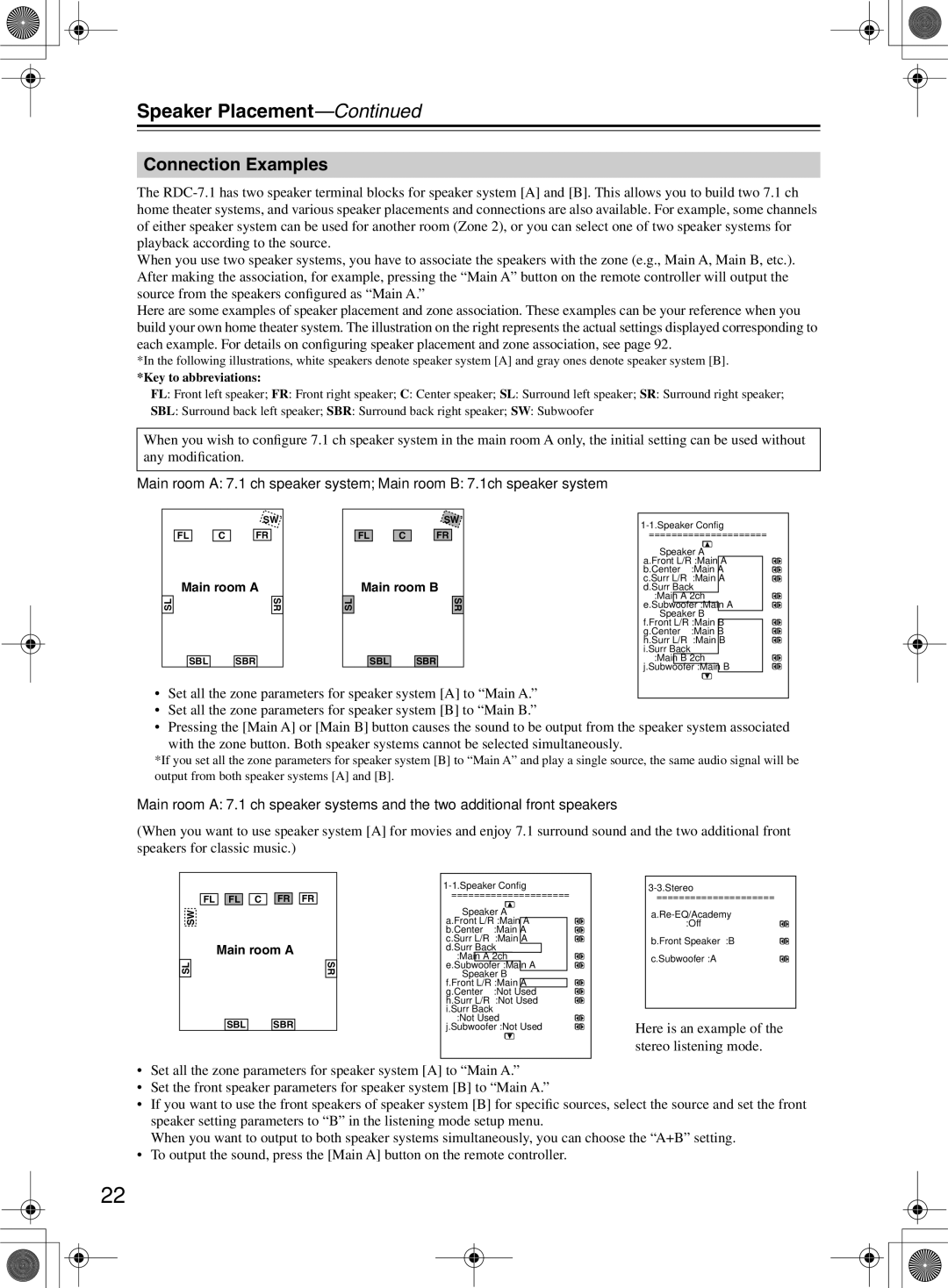 Integra RDC-7.1 instruction manual Connection Examples, Main room a Main room B 