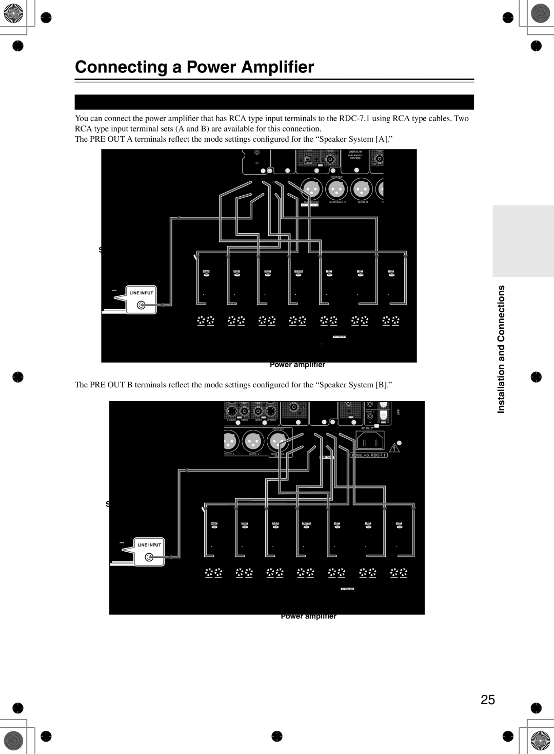 Integra RDC-7.1 instruction manual Connecting a Power Ampliﬁer Using RCA Type Cables, Power ampliﬁer 