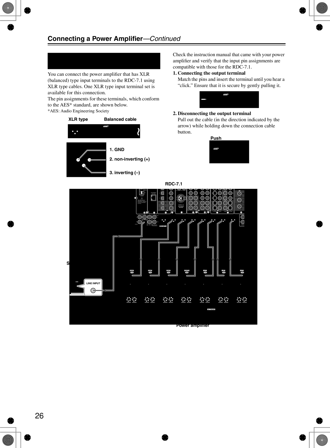 Integra RDC-7.1 instruction manual Connecting a Power Ampliﬁer Using XLR Type Cables, Connecting the output terminal 