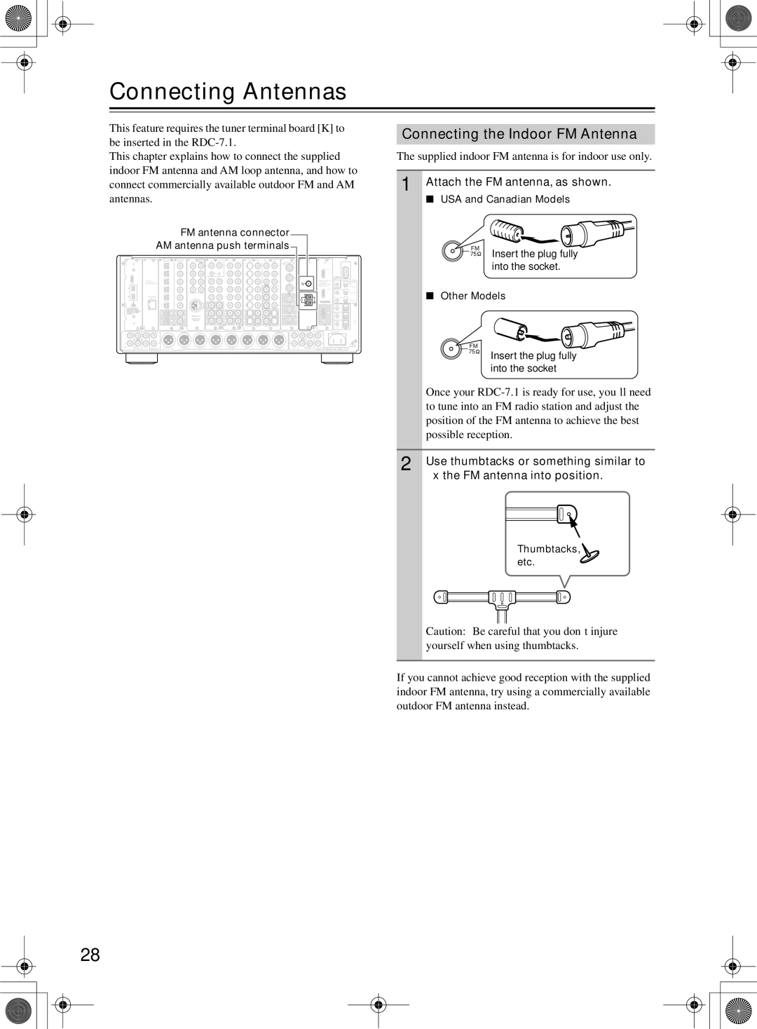 Integra RDC-7.1 instruction manual Connecting Antennas, Connecting the Indoor FM Antenna, Attach the FM antenna, as shown 