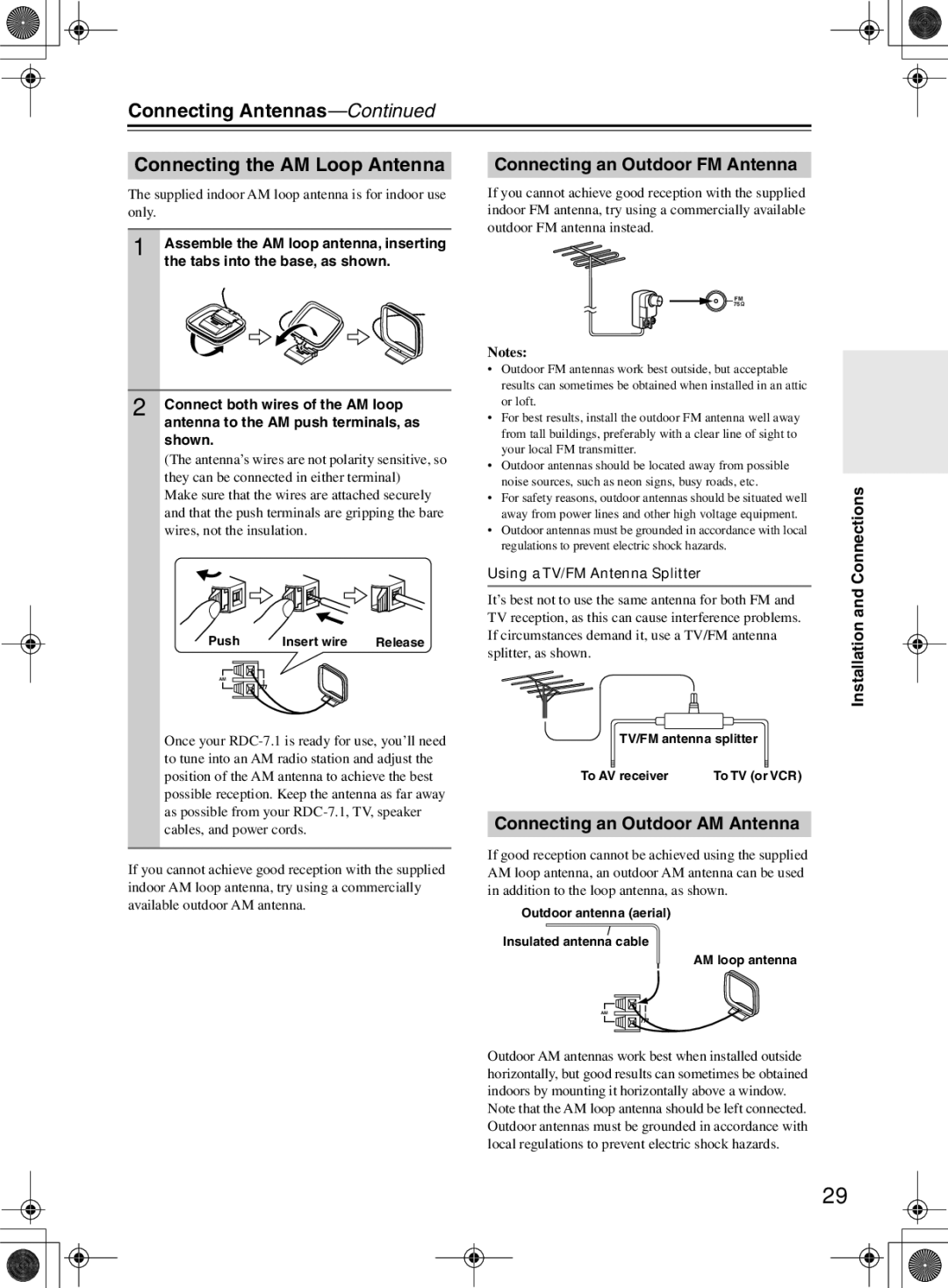 Integra RDC-7.1 instruction manual Connecting Antennas Connecting the AM Loop Antenna, Connecting an Outdoor FM Antenna 