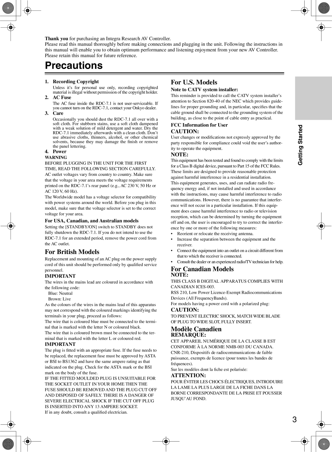 Integra RDC-7.1 instruction manual Precautions 