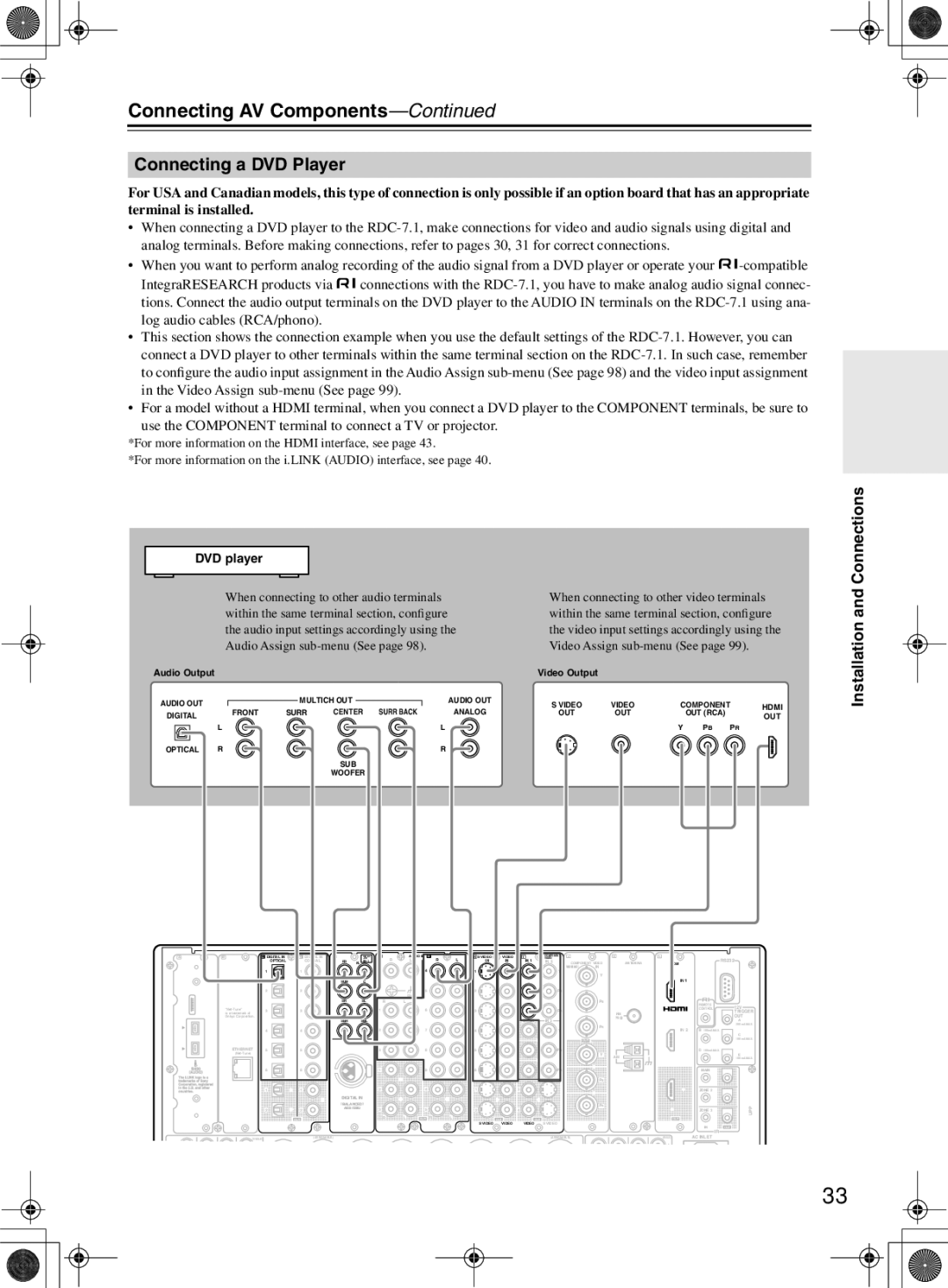 Integra RDC-7.1 instruction manual Connecting a DVD Player, DVD player 