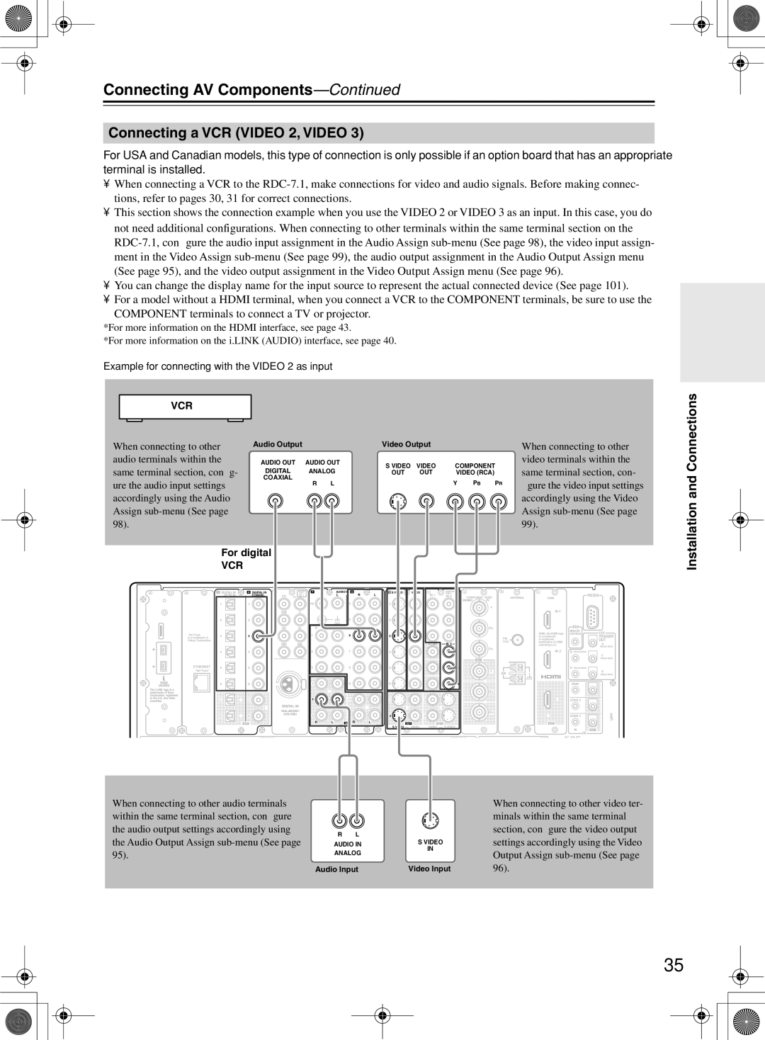 Integra RDC-7.1 instruction manual Connecting a VCR Video 2, Video, For digital 