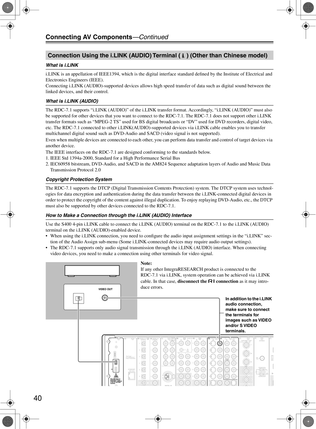 Integra RDC-7.1 instruction manual What is i.LINK Audio, Copyright Protection System 