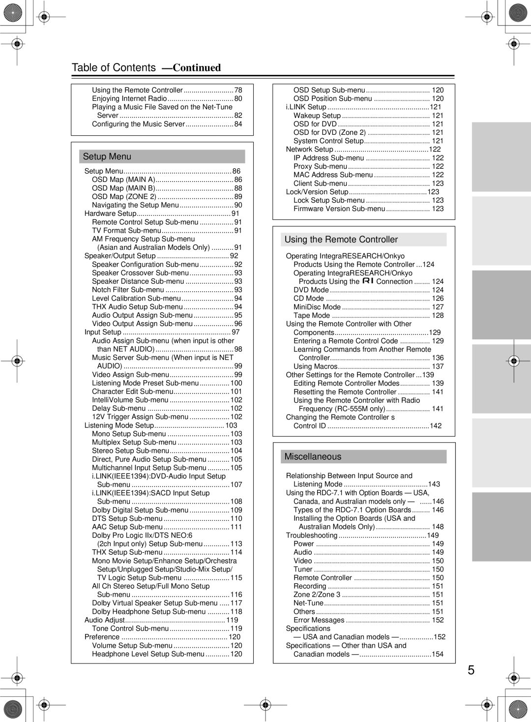 Integra RDC-7.1 instruction manual Table of Contents 