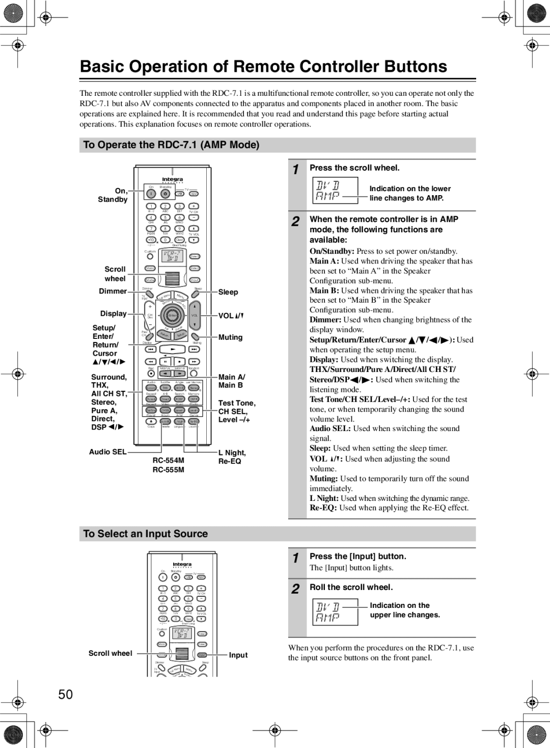 Integra Basic Operation of Remote Controller Buttons, To Operate the RDC-7.1 AMP Mode, To Select an Input Source 