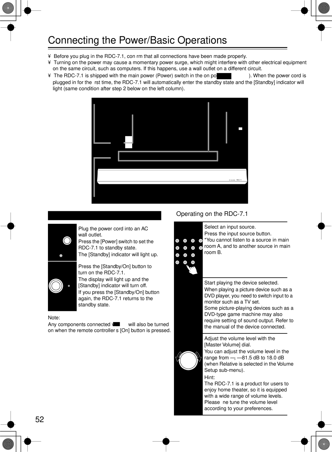 Integra instruction manual Connecting the Power/Basic Operations, Turning on the Power, Operating on the RDC-7.1 