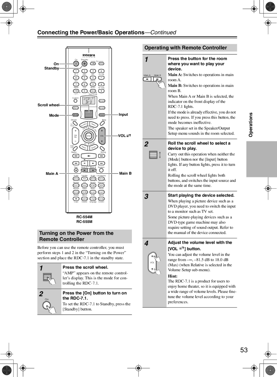 Integra RDC-7.1 instruction manual Connecting the Power/Basic Operations, Operating with Remote Controller 