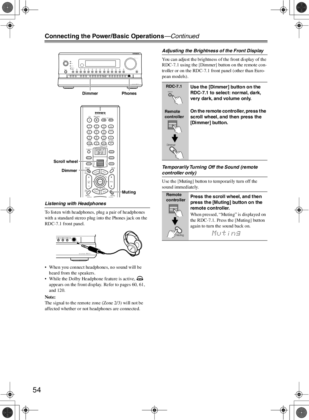 Integra RDC-7.1 Adjusting the Brightness of the Front Display, Temporarily Turning Off the Sound remote controller only 