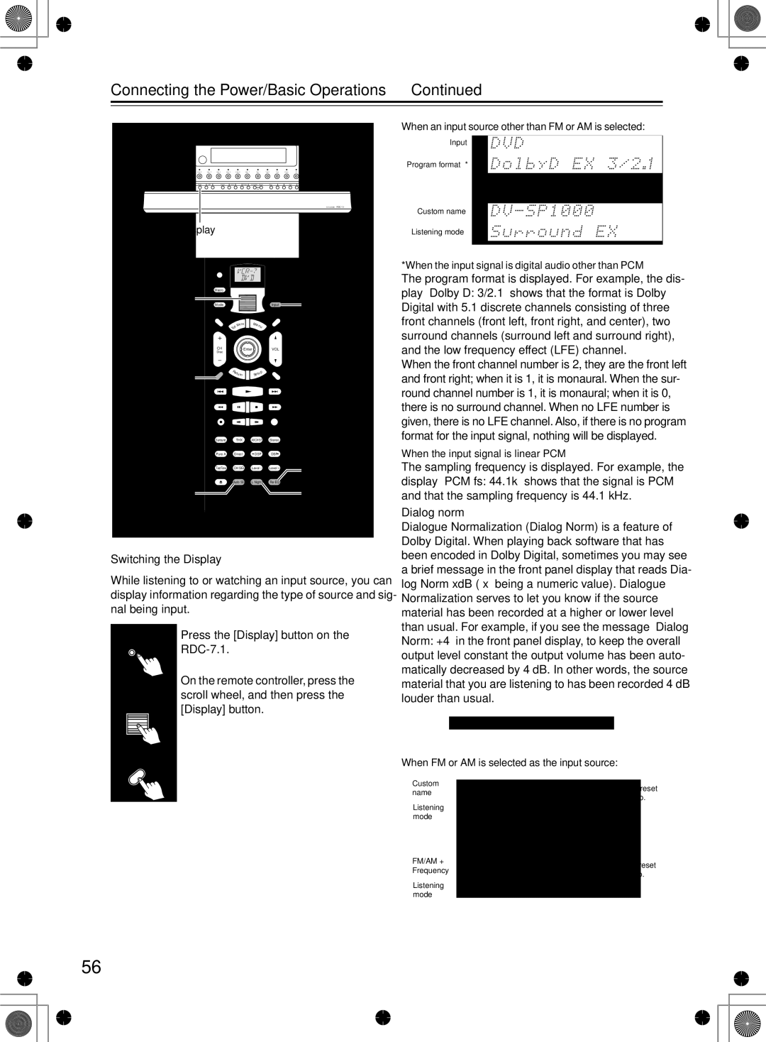 Integra RDC-7.1 Switching the Display, Press the Display button on, Scroll wheel, and then press, Dialog norm 