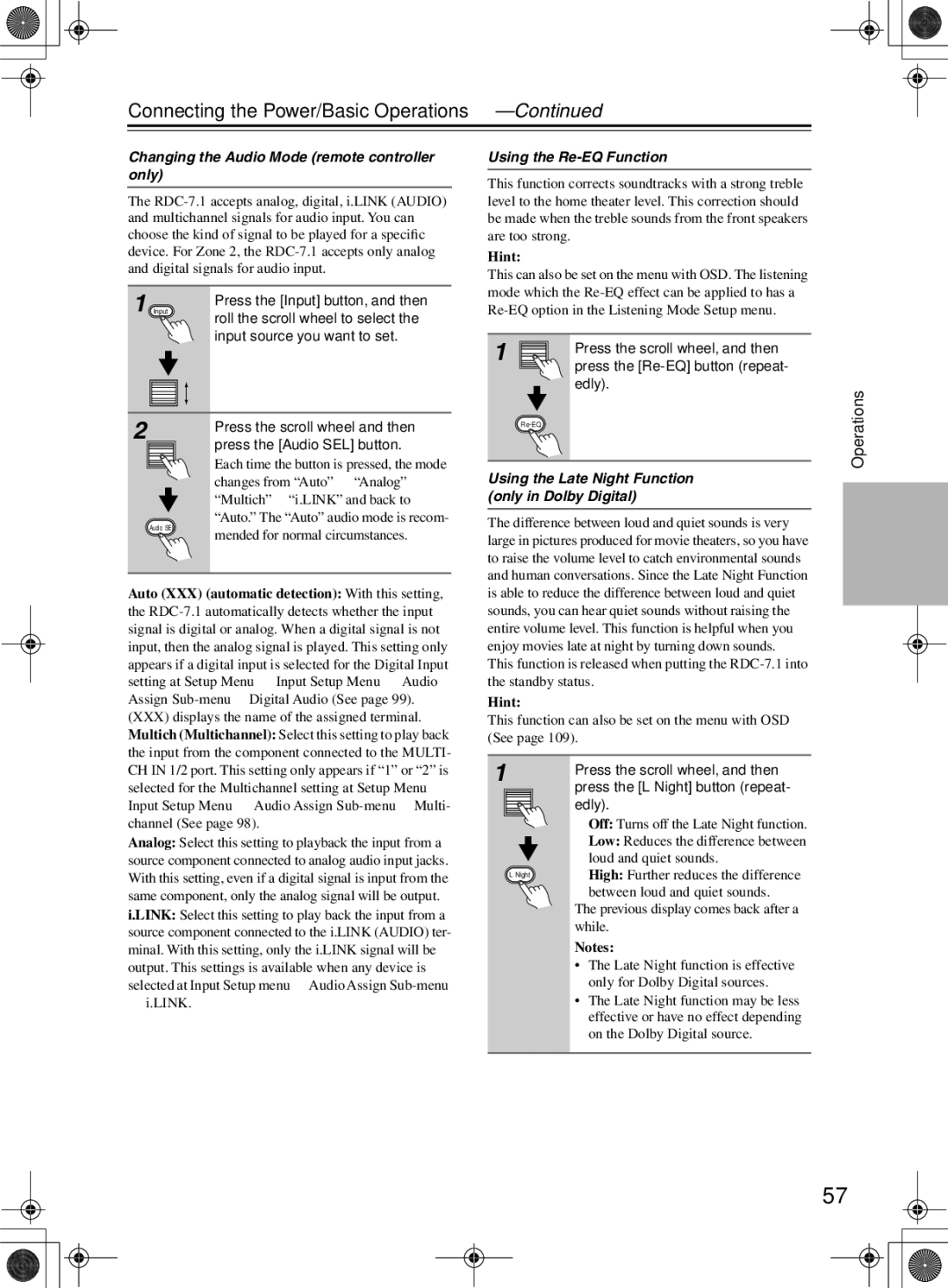 Integra RDC-7.1 instruction manual Changing the Audio Mode remote controller only, Using the Re-EQ Function 