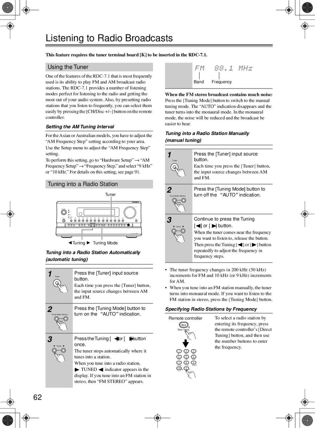 Integra RDC-7.1 instruction manual Listening to Radio Broadcasts, Using the Tuner, Tuning into a Radio Station 