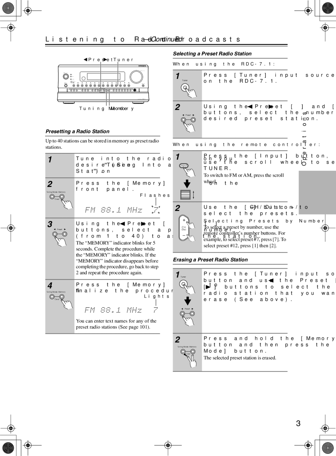 Integra RDC-7.1 Listening to Radio Broadcasts, Presetting a Radio Station, Selecting a Preset Radio Station 