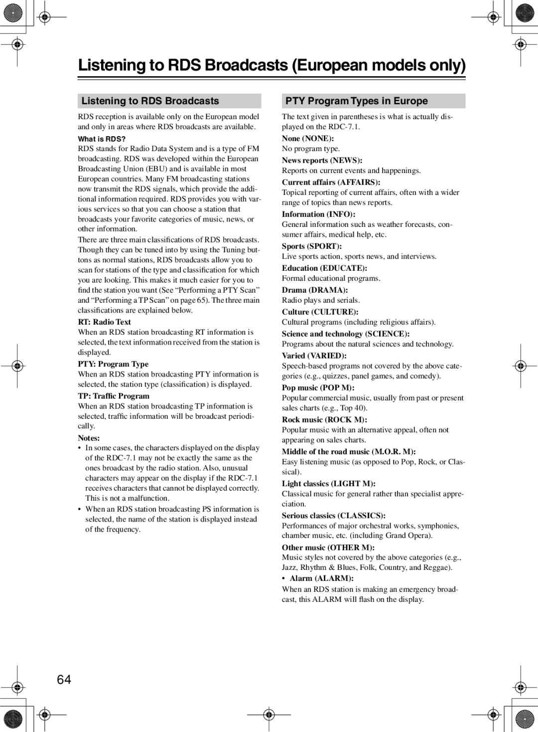 Integra RDC-7.1 instruction manual Listening to RDS Broadcasts European models only, PTY Program Types in Europe 