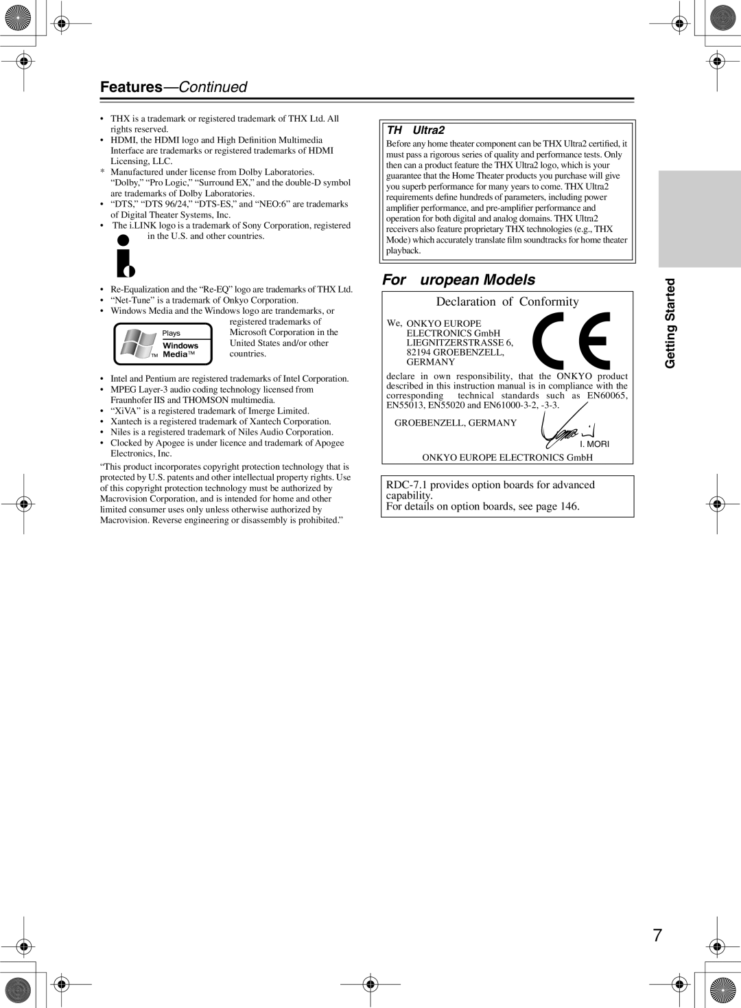 Integra RDC-7.1 instruction manual Features, THX Ultra2 