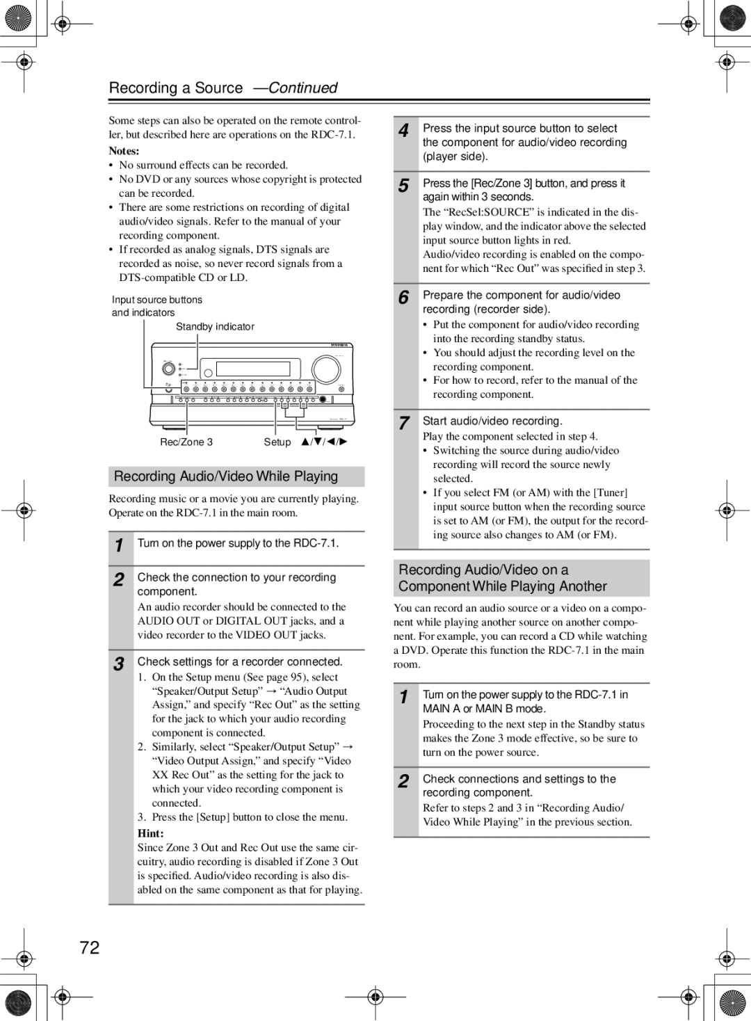 Integra RDC-7.1 instruction manual Recording a Source, Recording Audio/Video While Playing 