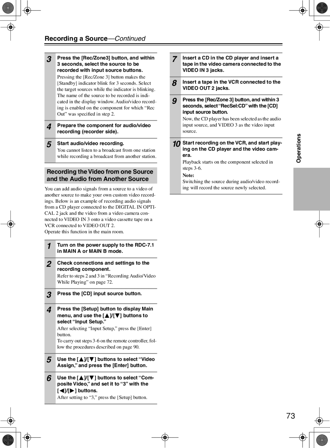 Integra RDC-7.1 Main a or Main B mode, Check connections and settings to, Recording component, Select Input Setup 