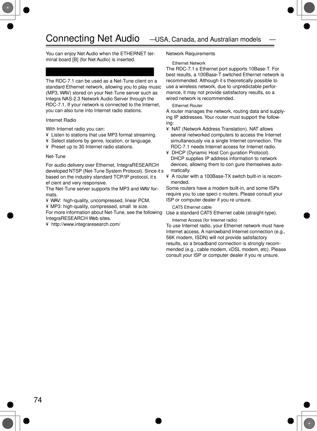 Integra RDC-7.1 Connecting Net Audio USA, Canada, and Australian models, About Net-Tune, Network Requirements 