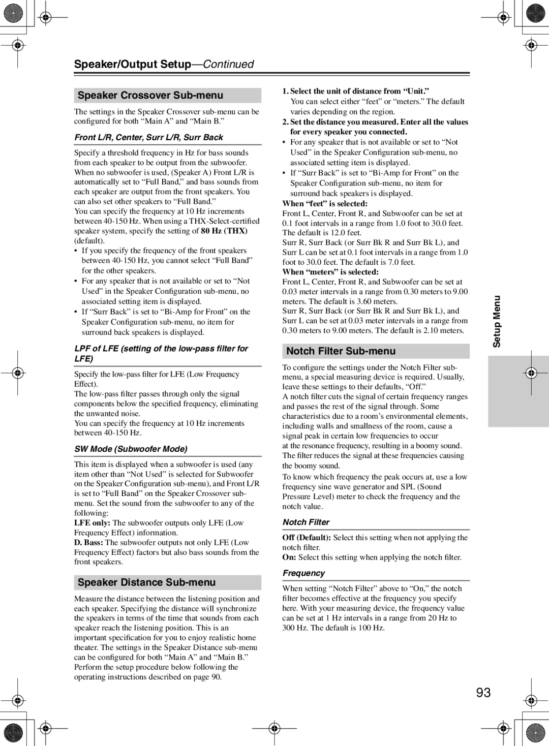 Integra RDC-7.1 Speaker/Output Setup, Speaker Crossover Sub-menu, Speaker Distance Sub-menu, Notch Filter Sub-menu 