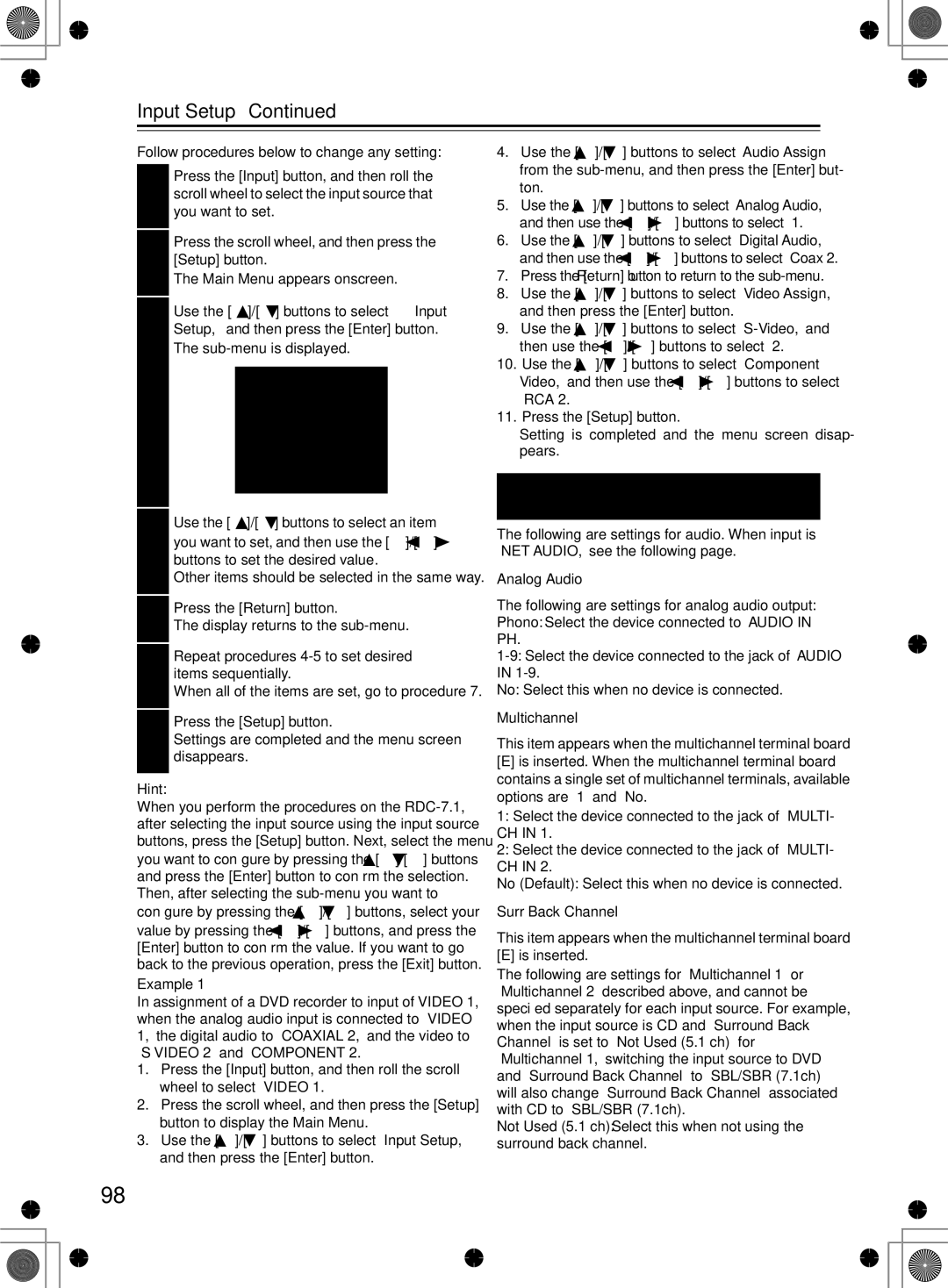 Integra RDC-7.1 Input Setup, Audio Assign Sub-menu when input is other than NET Audio, Analog Audio, Multichannel 