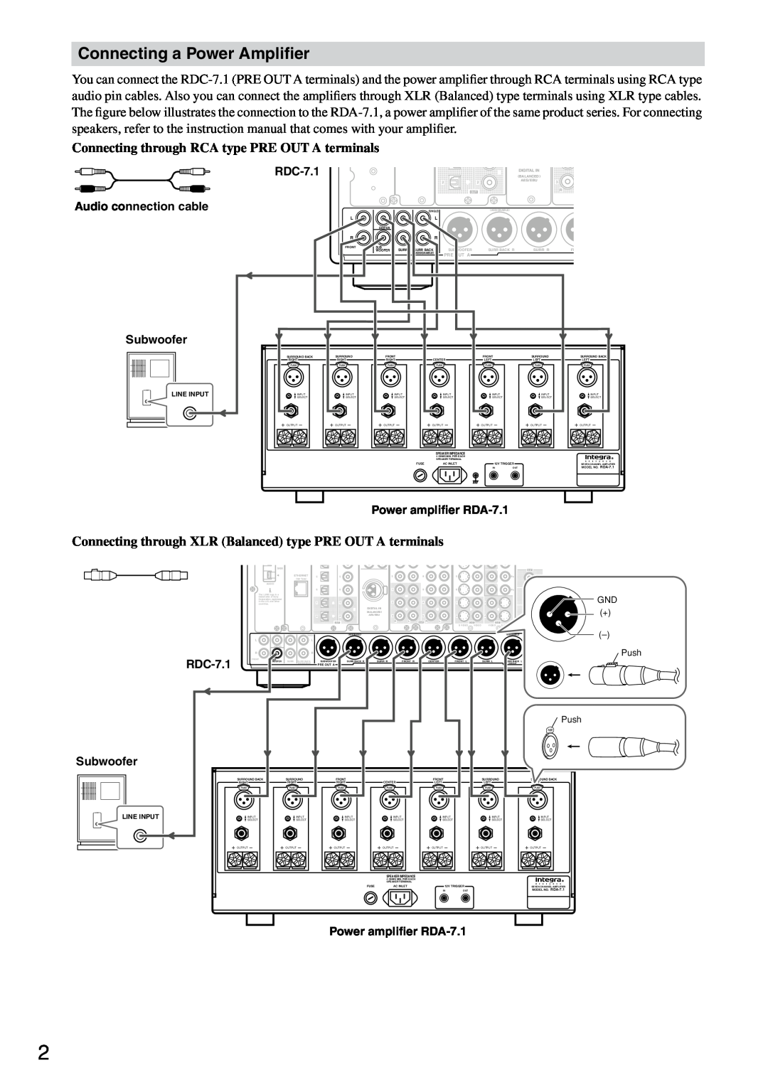 Integra RDC-7.1 Connecting a Power Ampliﬁer, Audio connection cable, Subwoofer, Power ampliﬁer RDA-7.1, GND + - Push 
