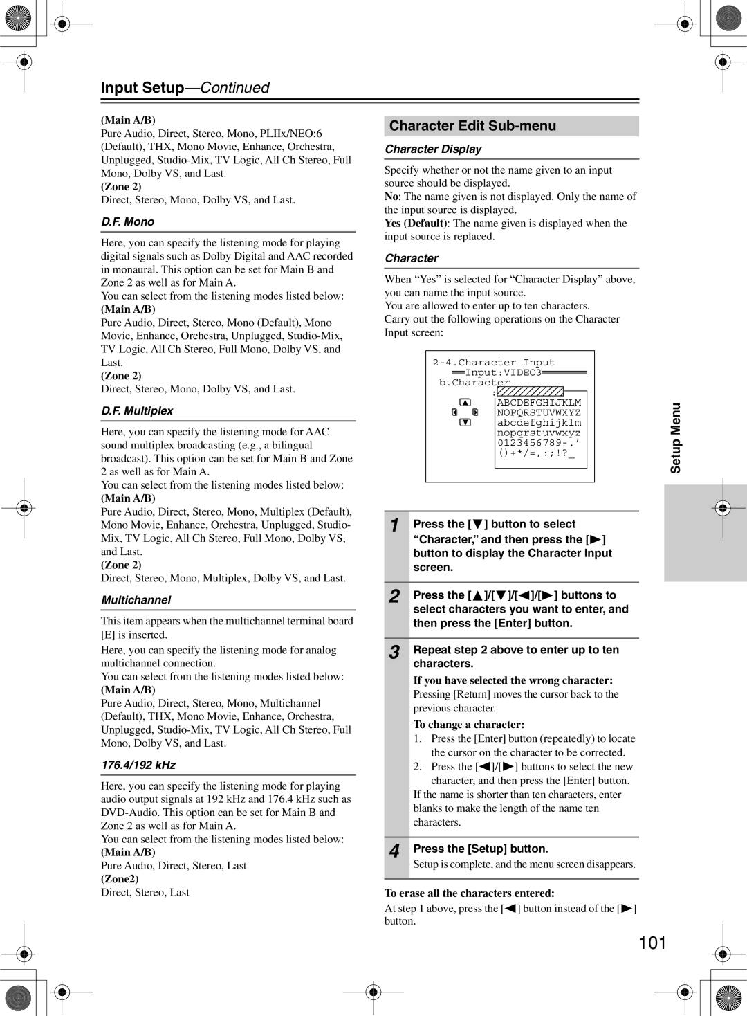 Integra RDC-7.1 Character Edit Sub-menu, D.F. Mono, D.F. Multiplex, 176.4/192 kHz, Zone2, Character Display, Setup Menu 