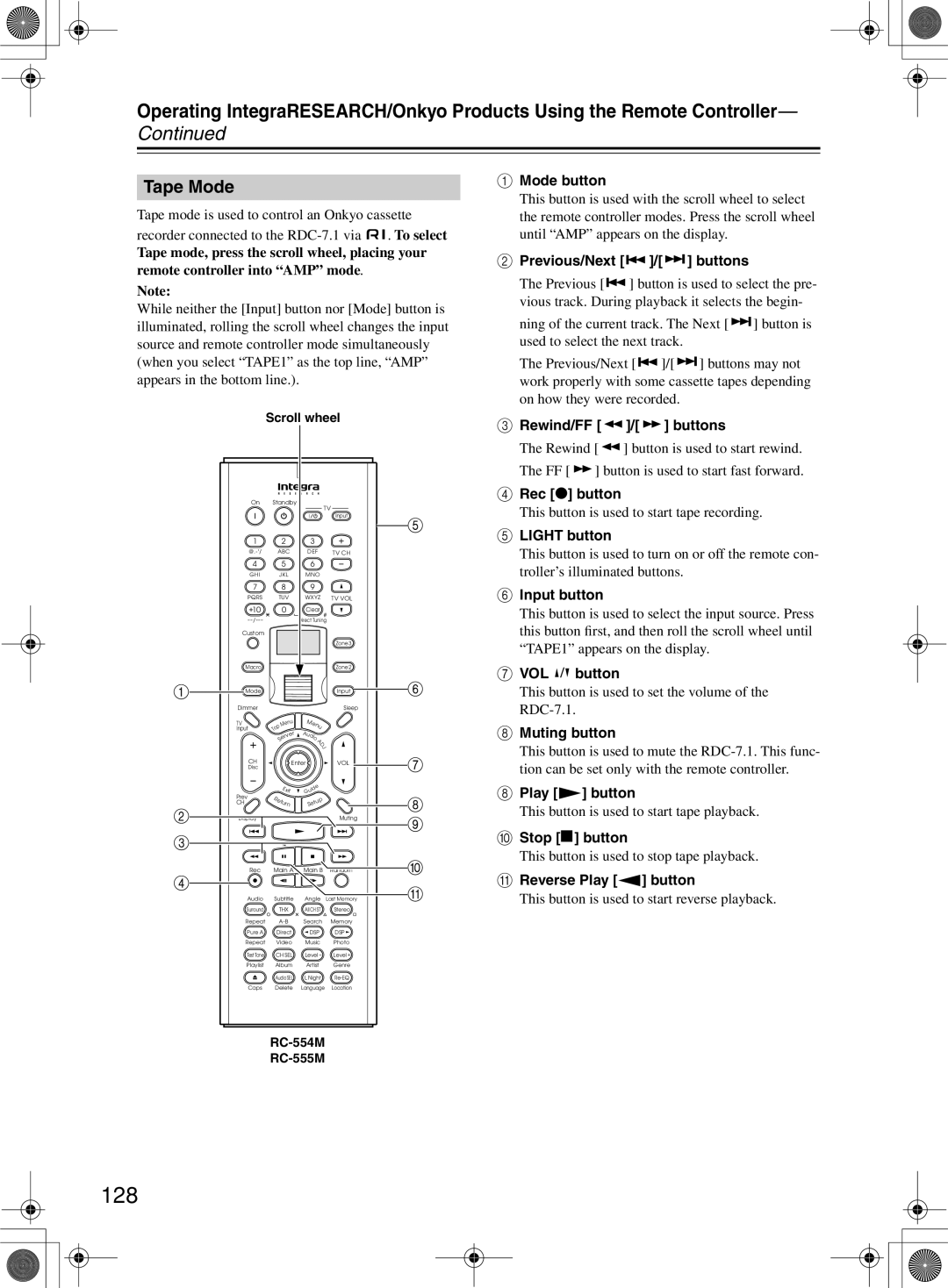 Integra RDC-7.1 instruction manual Tape Mode, Continued 