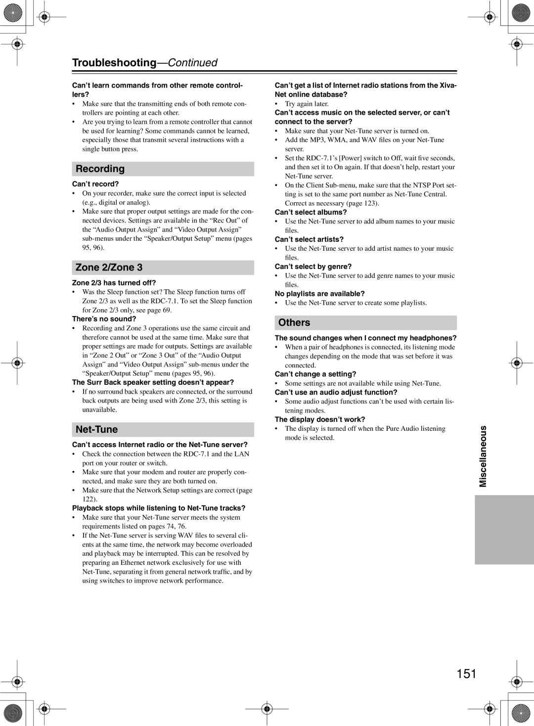 Integra RDC-7.1 instruction manual Recording, Zone 2/Zone, Net-Tune, Others, Troubleshooting—Continued, Miscellaneous 