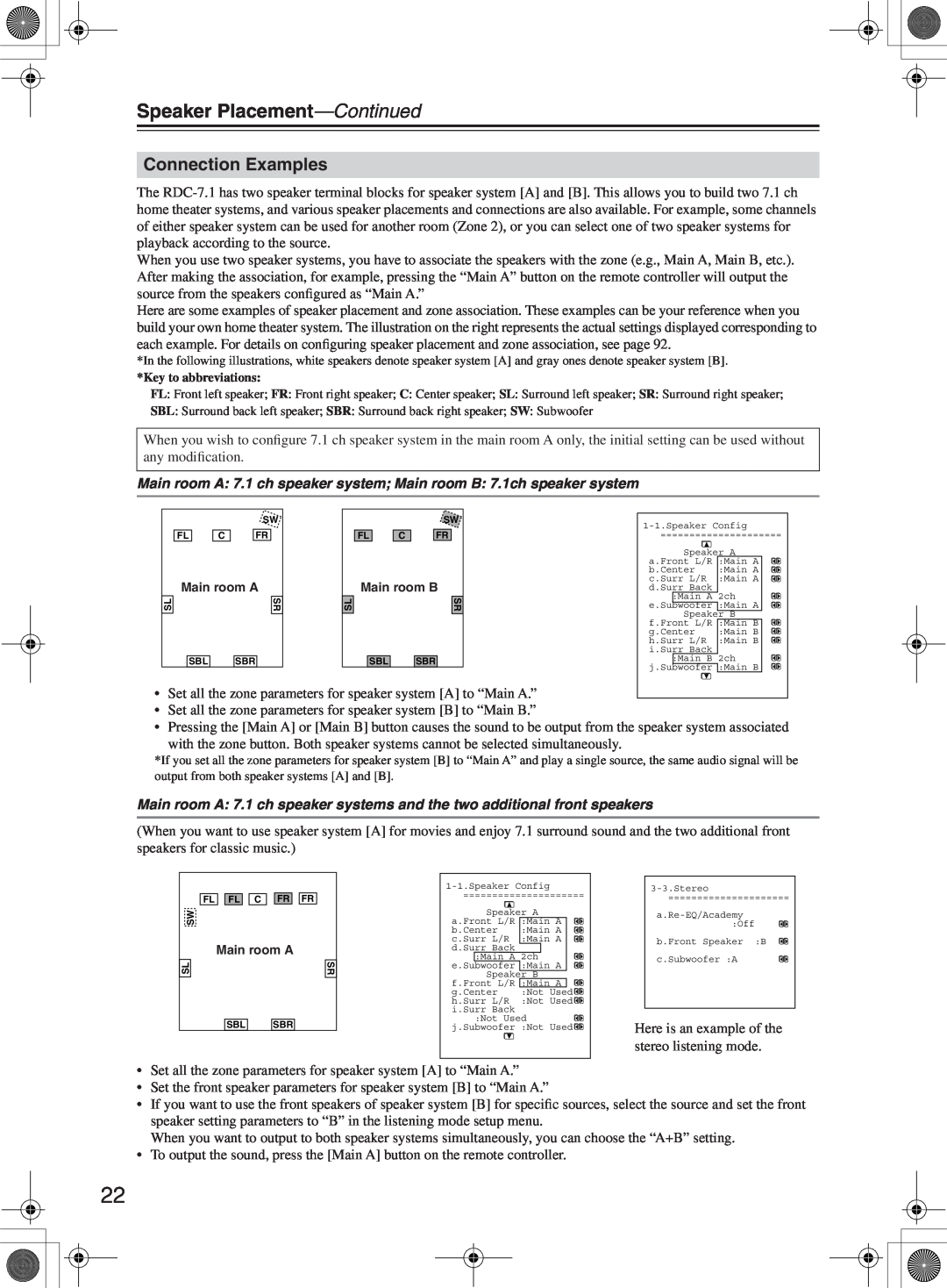 Integra RDC-7.1 instruction manual Connection Examples, Speaker Placement—Continued 
