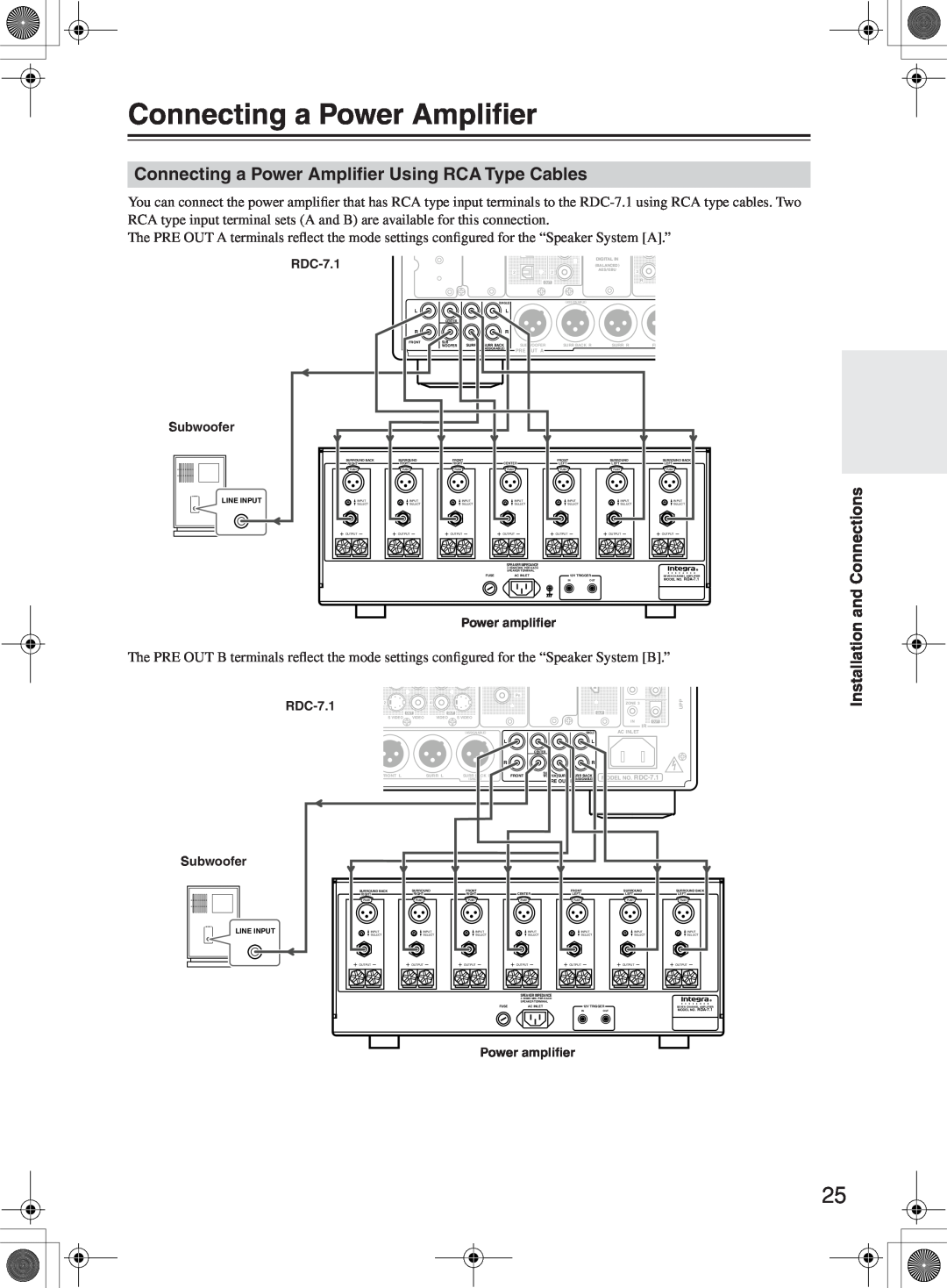Integra RDC-7.1 instruction manual Connecting a Power Ampliﬁer Using RCA Type Cables, Installation and Connections 