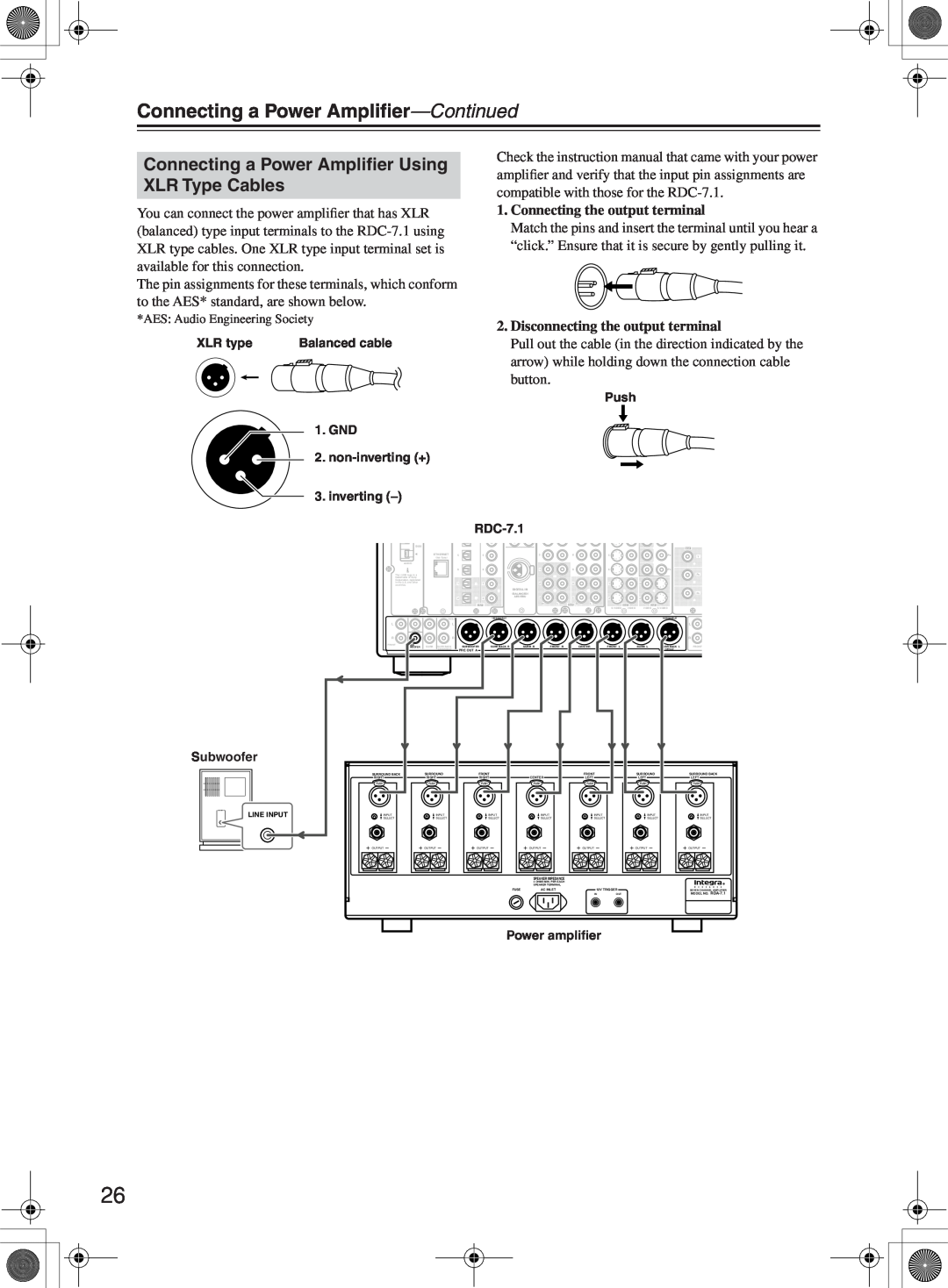 Integra RDC-7.1 instruction manual Connecting a Power Ampliﬁer-Continued, Connecting a Power Ampliﬁer Using XLR Type Cables 