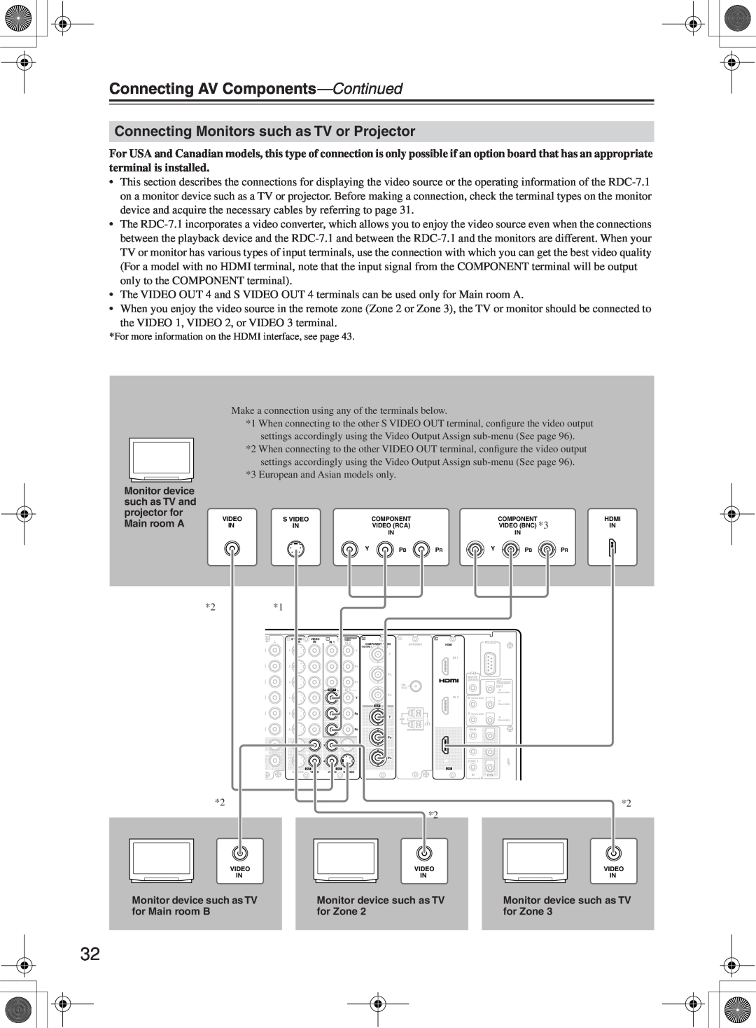 Integra RDC-7.1 instruction manual Connecting Monitors such as TV or Projector, Connecting AV Components—Continued 