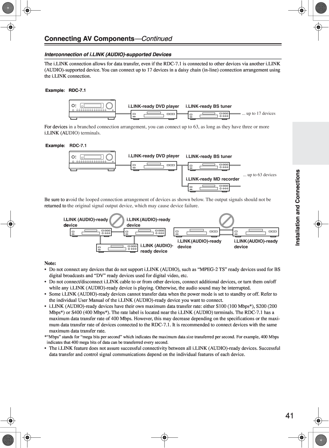 Integra RDC-7.1 instruction manual Interconnection of i.LINK AUDIO-supportedDevices, Connecting AV Components—Continued 