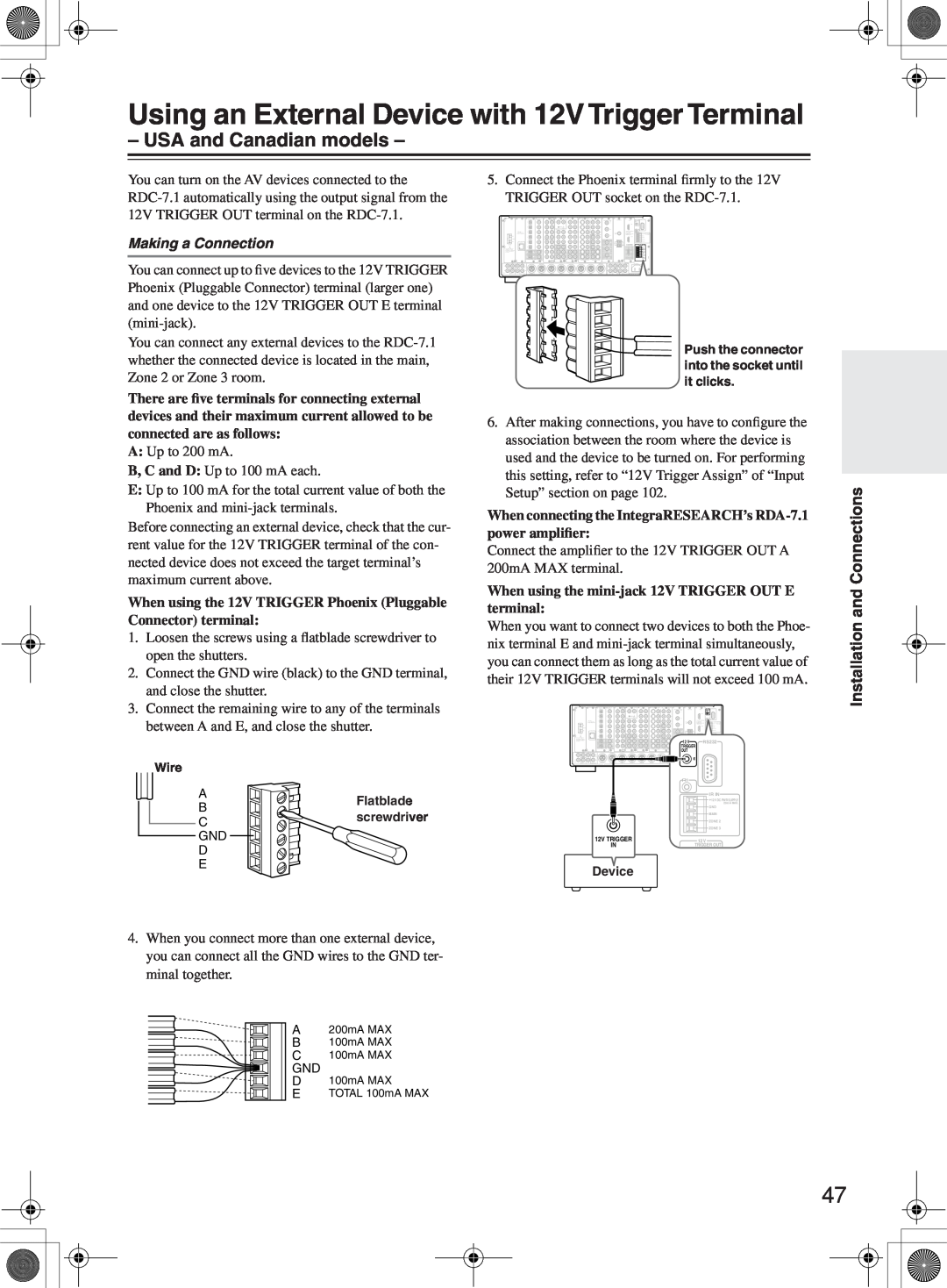 Integra RDC-7.1 instruction manual USA and Canadian models, Making a Connection, Installation and Connections 
