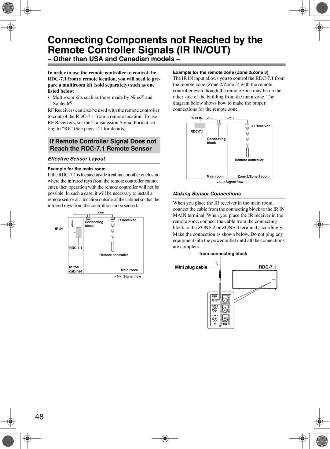 Integra RDC-7.1 instruction manual Other than USA and Canadian models, Making Sensor Connections, Effective Sensor Layout 