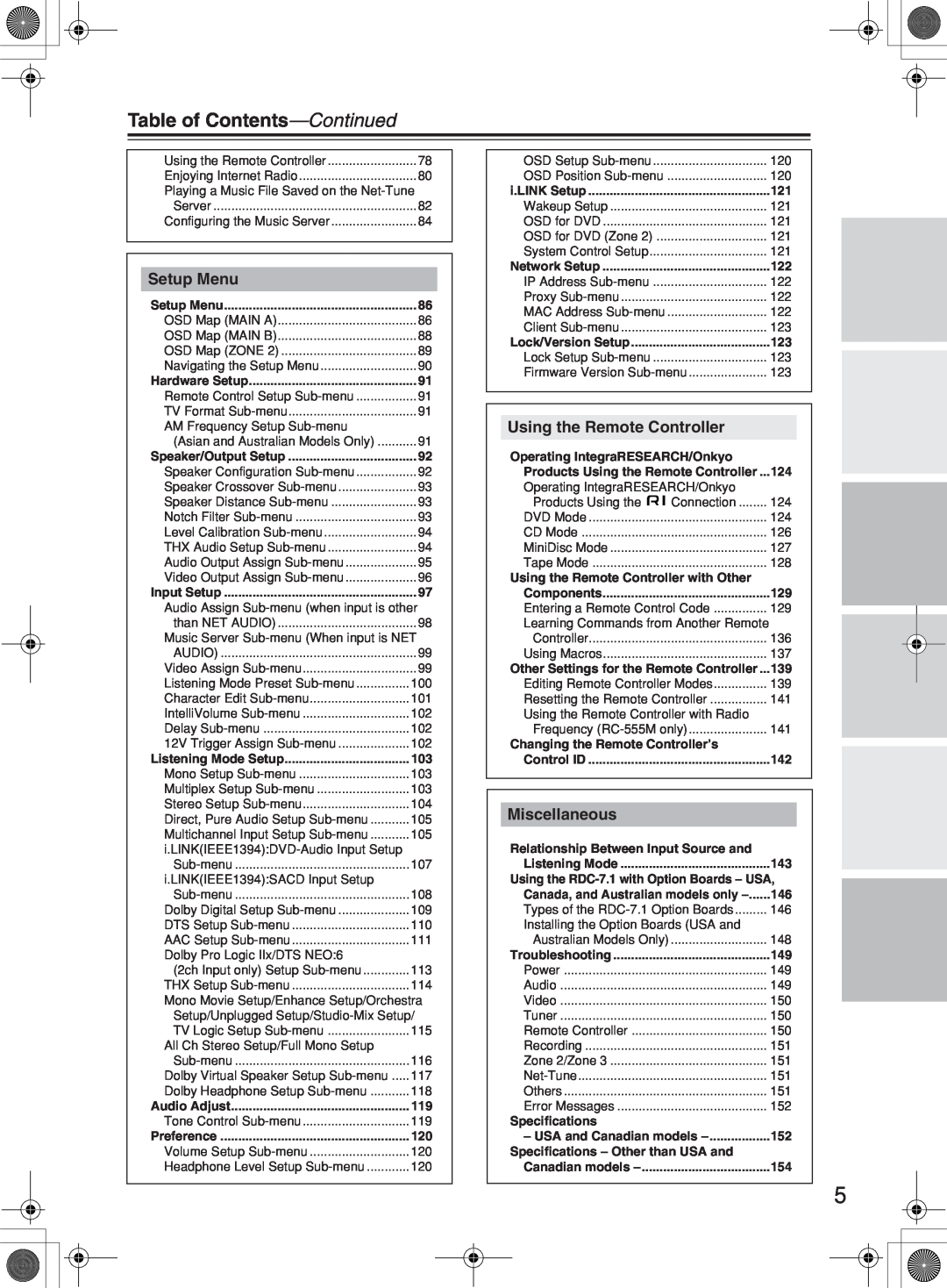 Integra RDC-7.1 instruction manual Table of Contents—Continued, Setup Menu, Using the Remote Controller, Miscellaneous 