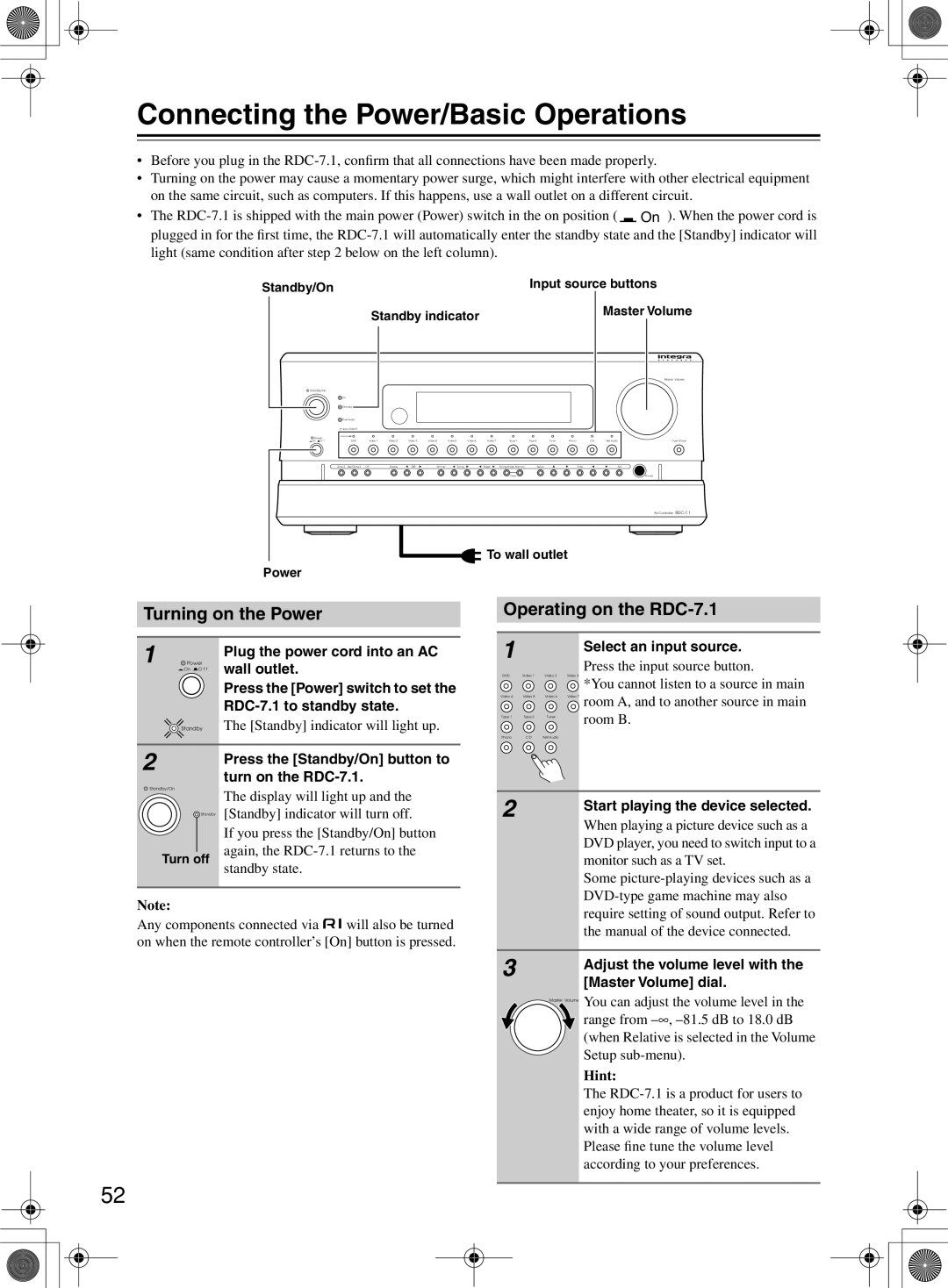 Integra instruction manual Connecting the Power/Basic Operations, Turning on the Power, Operating on the RDC-7.1, Hint 