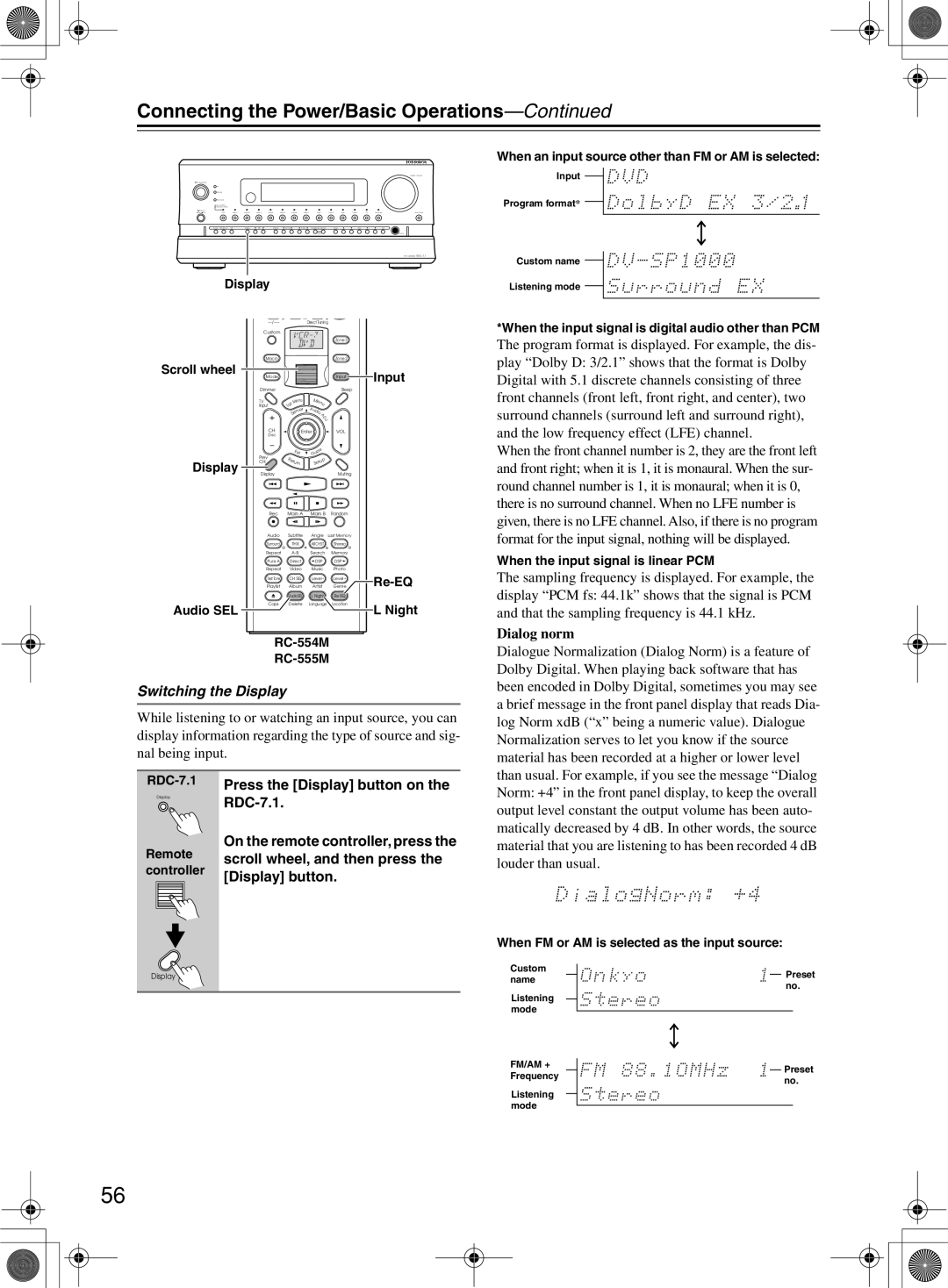 Integra RDC-7.1 instruction manual Switching the Display, Dialog norm, Connecting the Power/Basic Operations—Continued 
