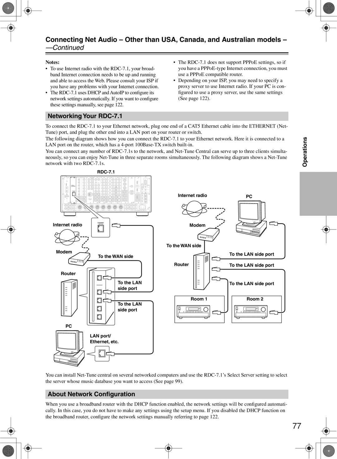 Integra instruction manual Continued, About Network Conﬁguration, Networking Your RDC-7.1, Operations, Notes 