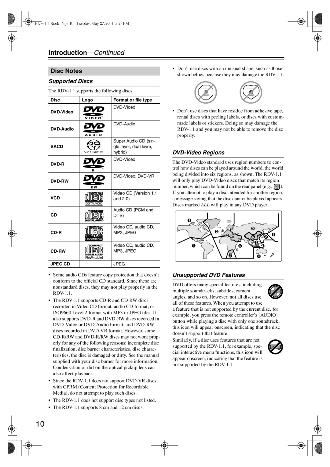 Integra RDV-1.1 instruction manual Disc Notes, Supported Discs, DVD-Video Regions, Unsupported DVD Features 