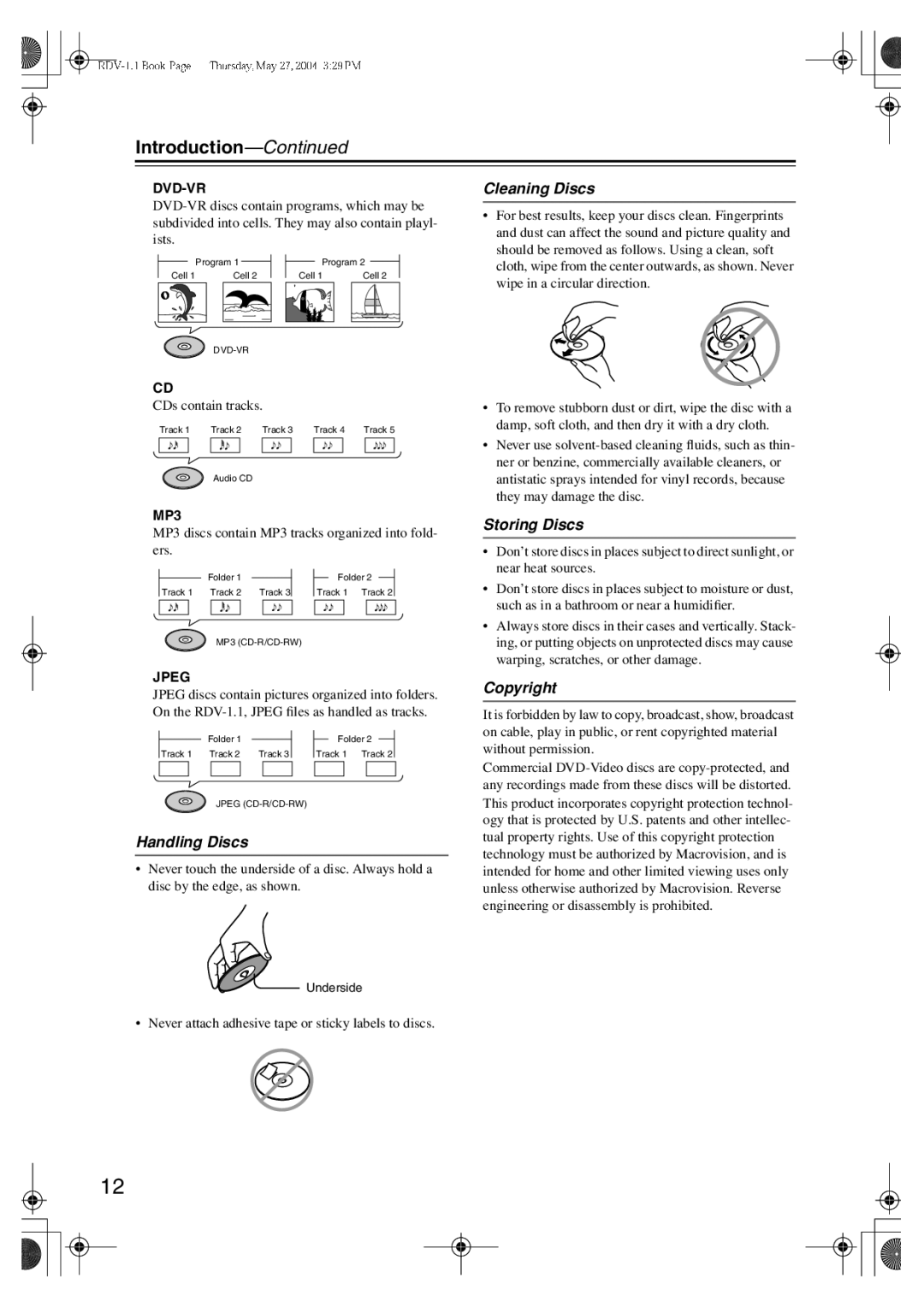 Integra RDV-1.1 instruction manual Handling Discs, Cleaning Discs, Storing Discs, Copyright 