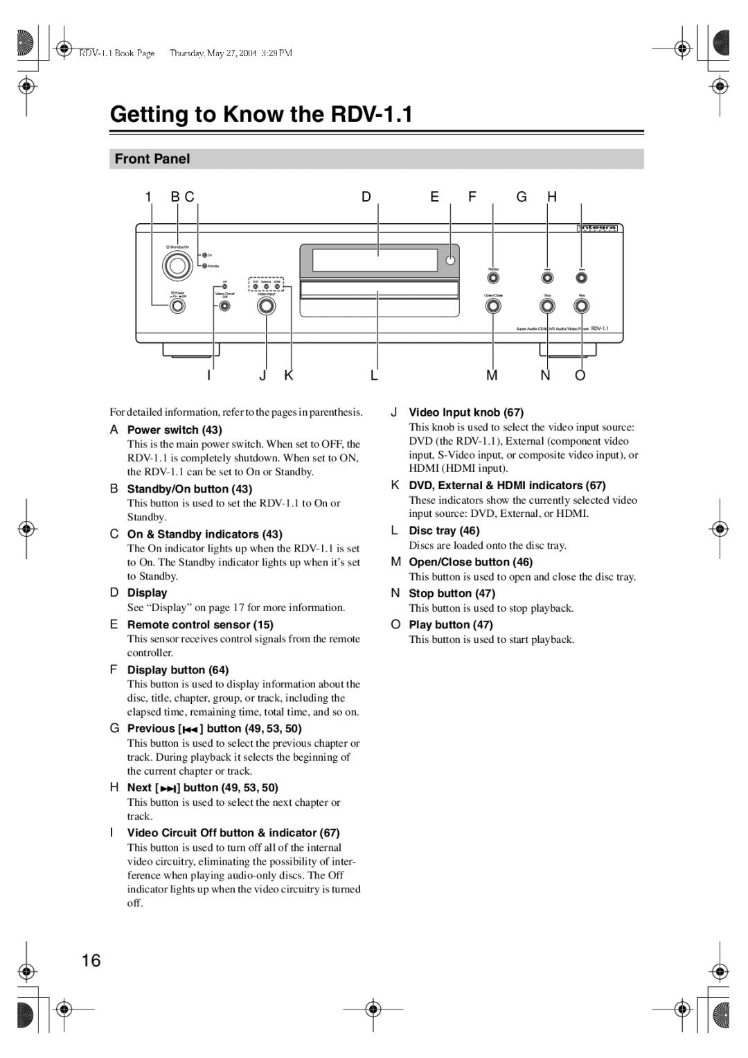 Integra instruction manual Getting to Know the RDV-1.1, Front Panel 