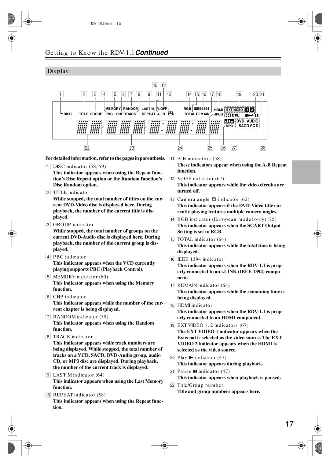 Integra instruction manual Getting to Know the RDV-1.1, Display 