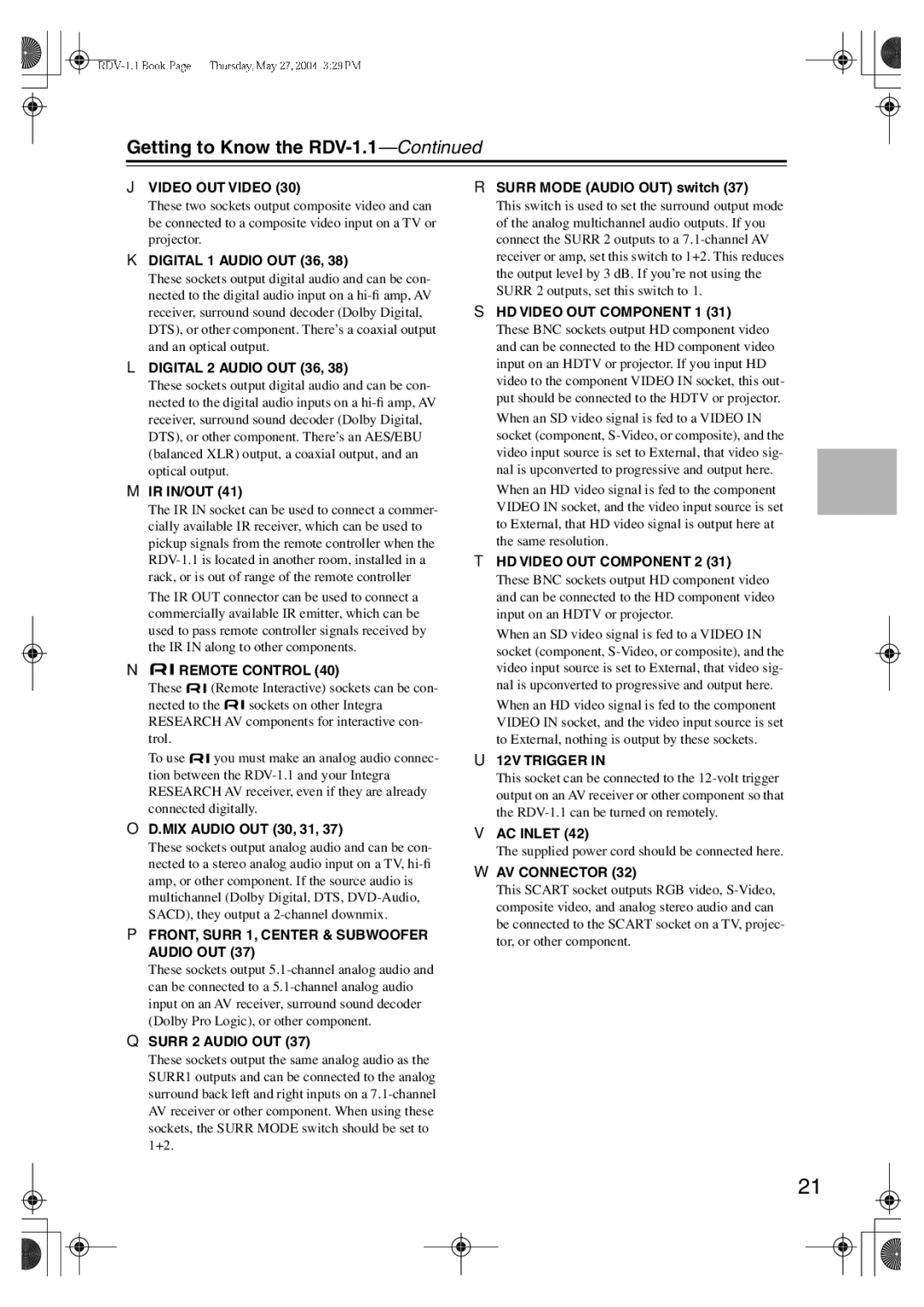 Integra RDV-1.1 instruction manual 12V Trigger, Supplied power cord should be connected here 