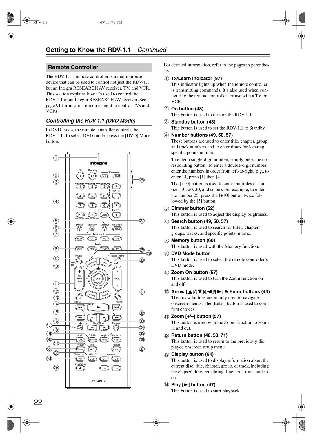 Integra instruction manual Remote Controller, Controlling the RDV-1.1 DVD Mode 