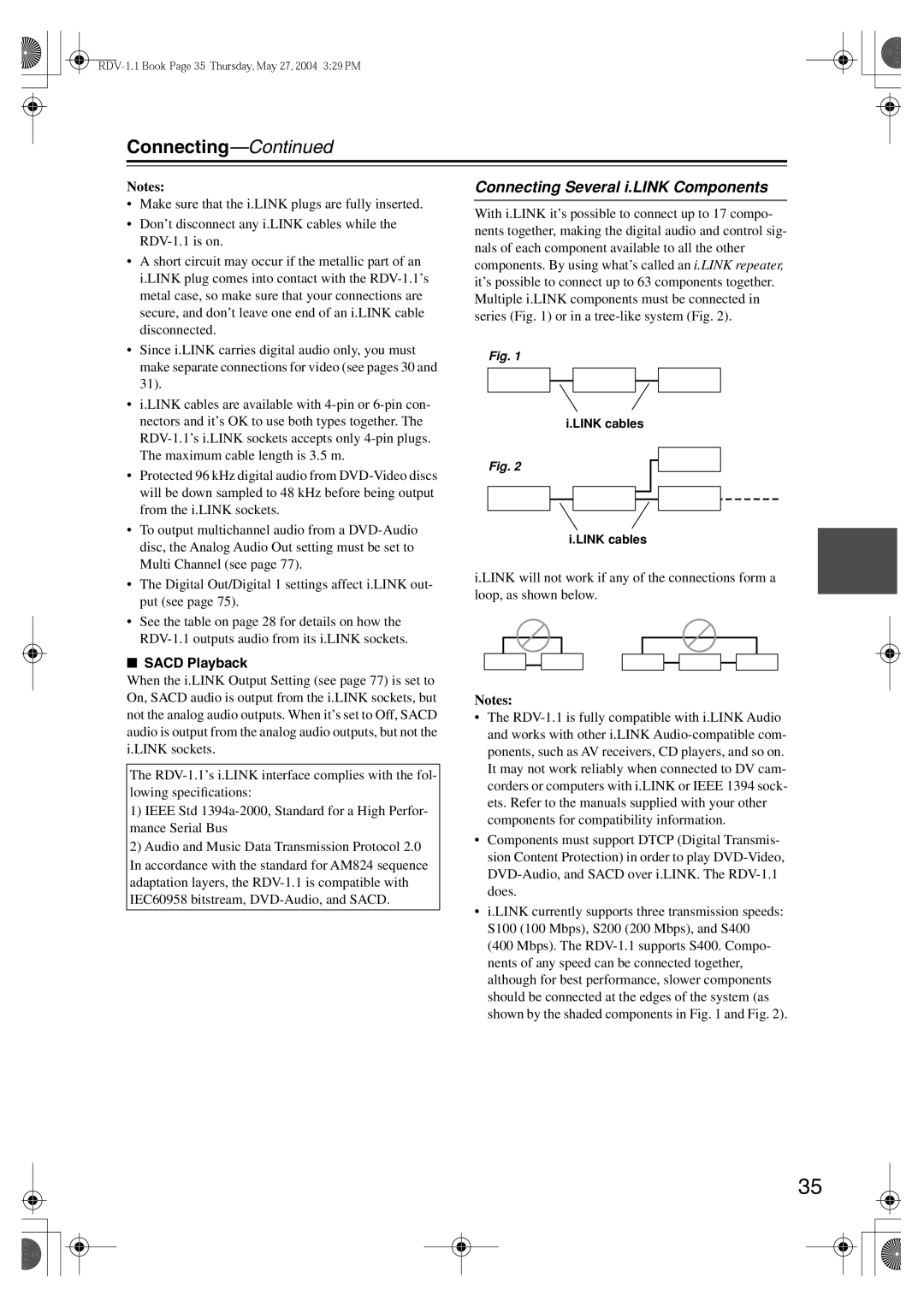 Integra RDV-1.1 instruction manual Connecting Several i.LINK Components, Sacd Playback, Link cables 