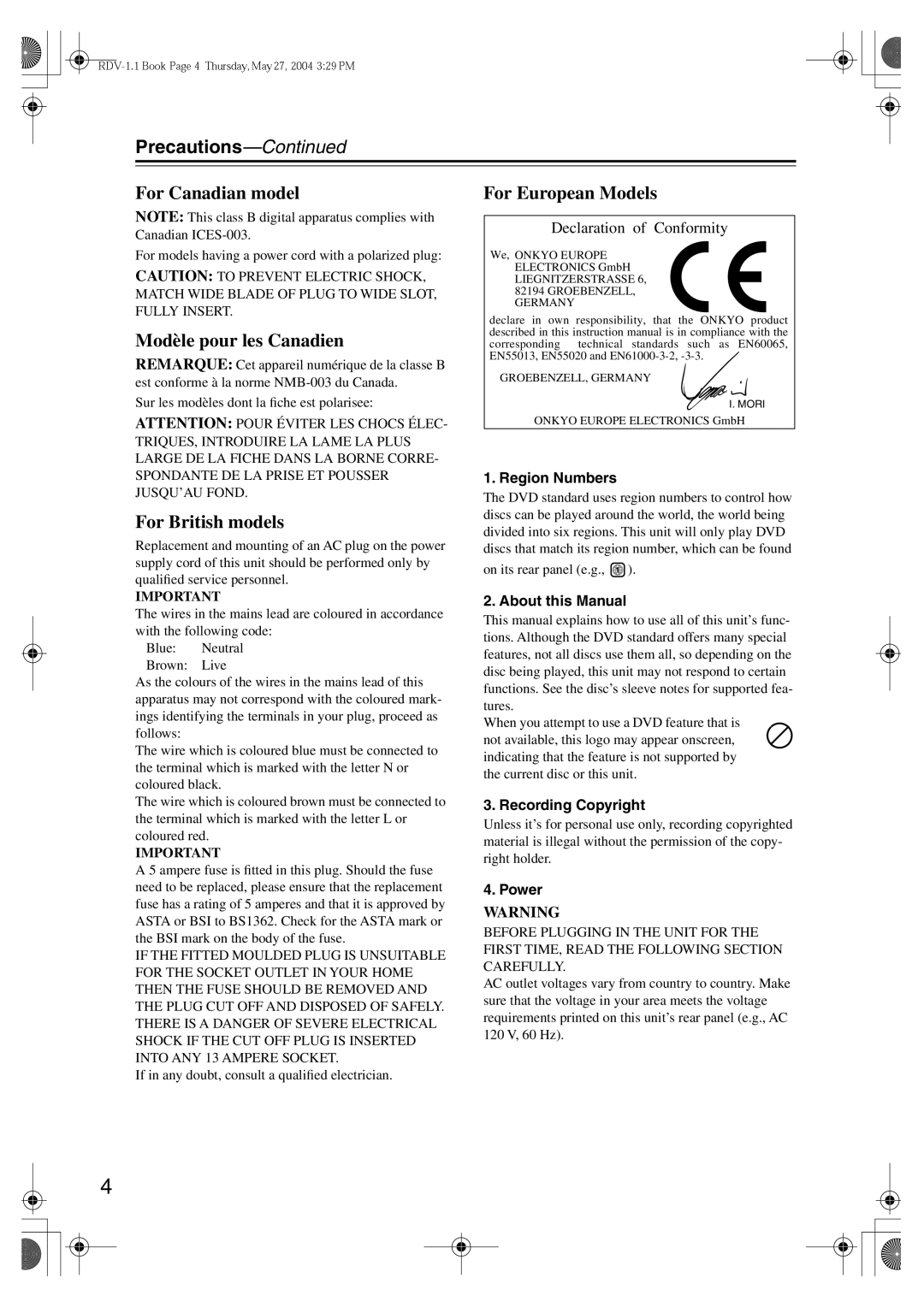 Integra RDV-1.1 instruction manual Precautions, For models having a power cord with a polarized plug 