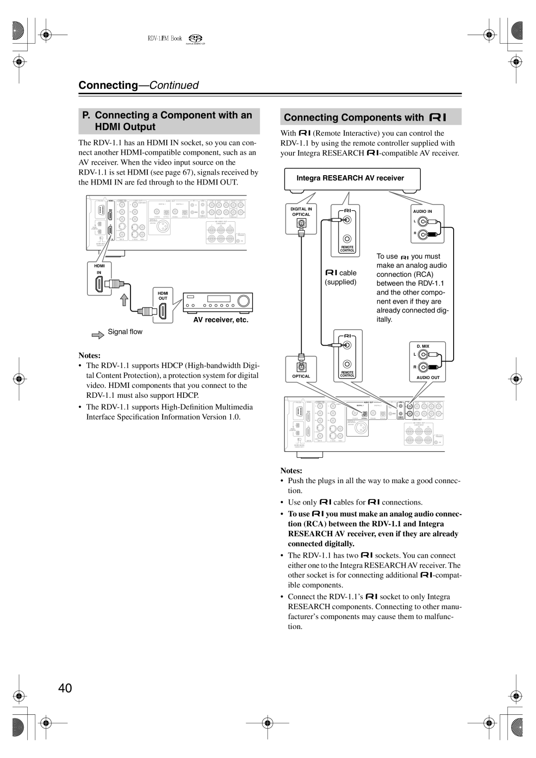 Integra RDV-1.1 instruction manual Connecting a Component with an Hdmi Output, Connecting Components with 