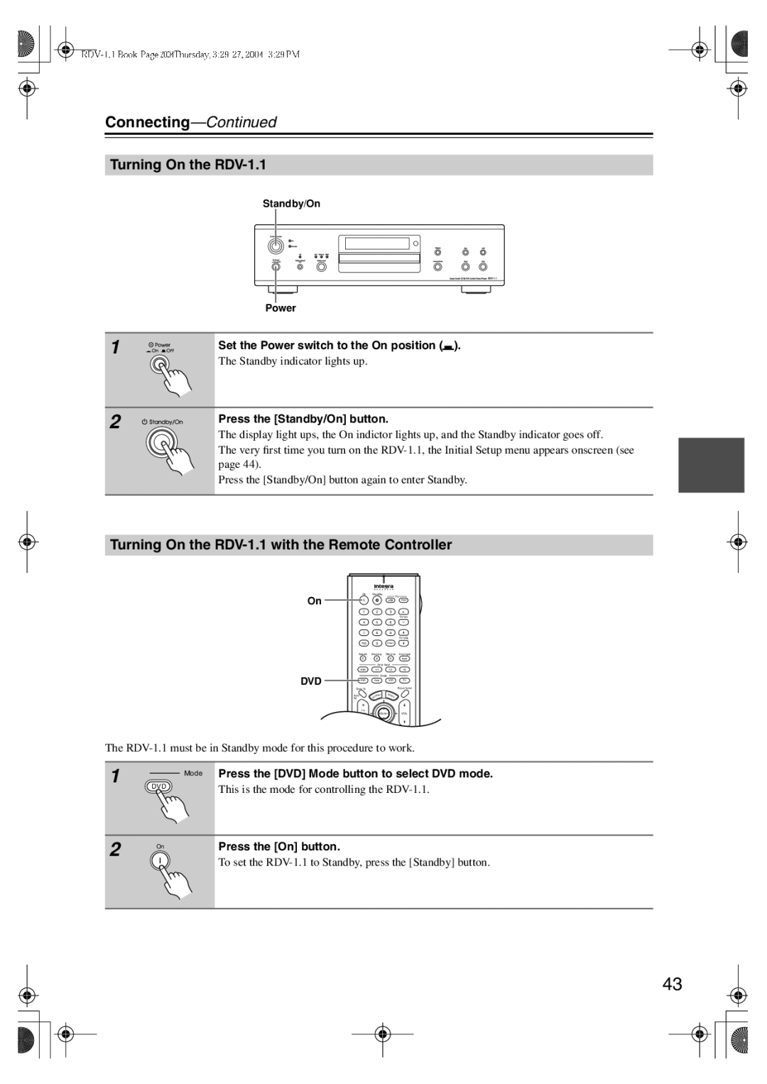 Integra instruction manual Turning On the RDV-1.1 with the Remote Controller 